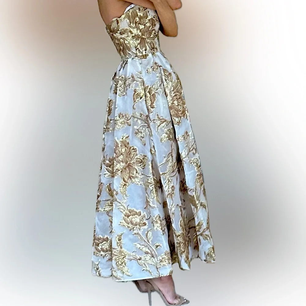 Mac Duggal Gold Strapless Brocade Midi Dress with Pockets - Picture 2 of 5